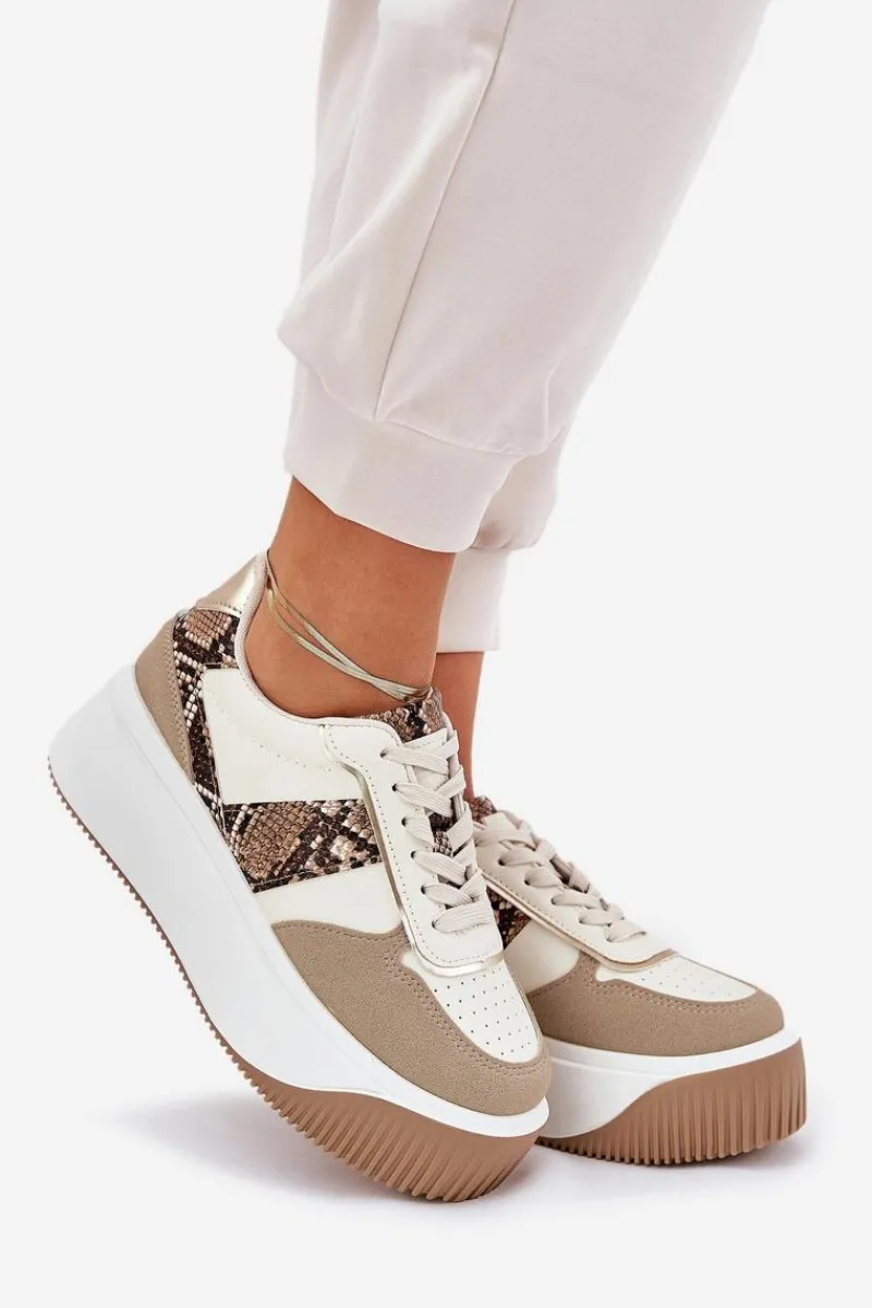 Sneakersy Damskie Na Masywnej Platformie Zwierzęcy Wzór Beżowe Telanila Damskie Buty Sportowe Na Platformie|Sneakersy Damskie