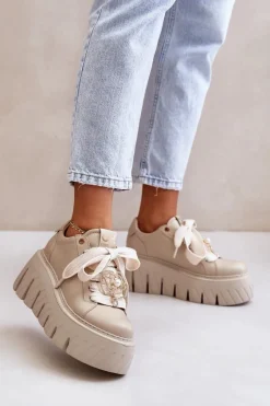 Outlet CheBello Sneakersy Damskie Na Masywnej Podeszwie Ze Złotą Ozdobą 4530 Beżowe Beżowy