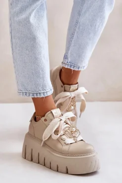 Outlet CheBello Sneakersy Damskie Na Masywnej Podeszwie Ze Złotą Ozdobą 4530 Beżowe Beżowy