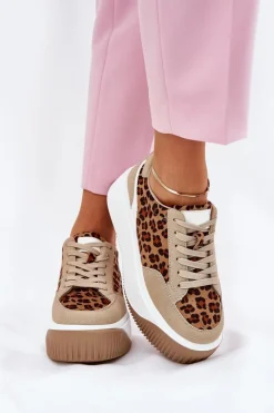 Outlet Boto Sneakersy Damskie Na Masywnej Platformie Panterka Beżowe Tamorniel Beżowy
