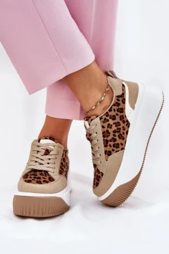 Outlet Boto Sneakersy Damskie Na Masywnej Platformie Panterka Beżowe Tamorniel Beżowy