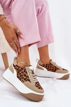 Outlet Boto Sneakersy Damskie Na Masywnej Platformie Panterka Beżowe Tamorniel Beżowy