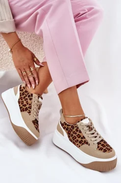 Outlet Boto Sneakersy Damskie Na Masywnej Platformie Panterka Beżowe Tamorniel Beżowy