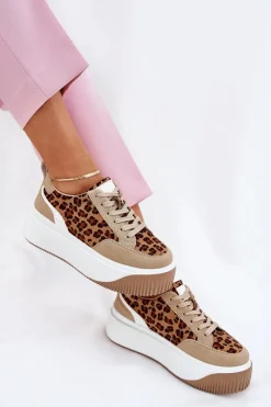 Outlet Boto Sneakersy Damskie Na Masywnej Platformie Panterka Beżowe Tamorniel Beżowy