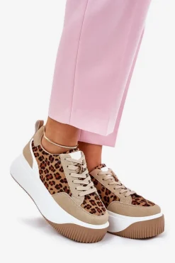 Outlet Boto Sneakersy Damskie Na Masywnej Platformie Panterka Beżowe Tamorniel Beżowy