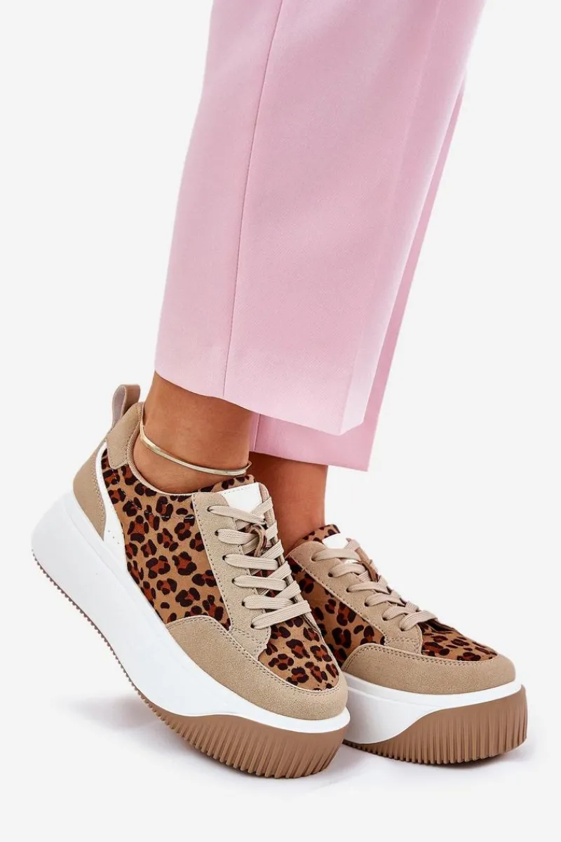 Outlet Boto Sneakersy Damskie Na Masywnej Platformie Panterka Beżowe Tamorniel Beżowy