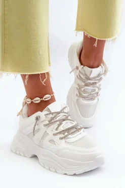 Sneakersy Damskie>Boto Sneakersy Damskie Na Masywnej Podeszwie Z Ozdobnym Sznurowaniem Białe Relissa Biały