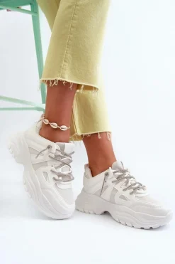 Sneakersy Damskie>Boto Sneakersy Damskie Na Masywnej Podeszwie Z Ozdobnym Sznurowaniem Białe Relissa Biały