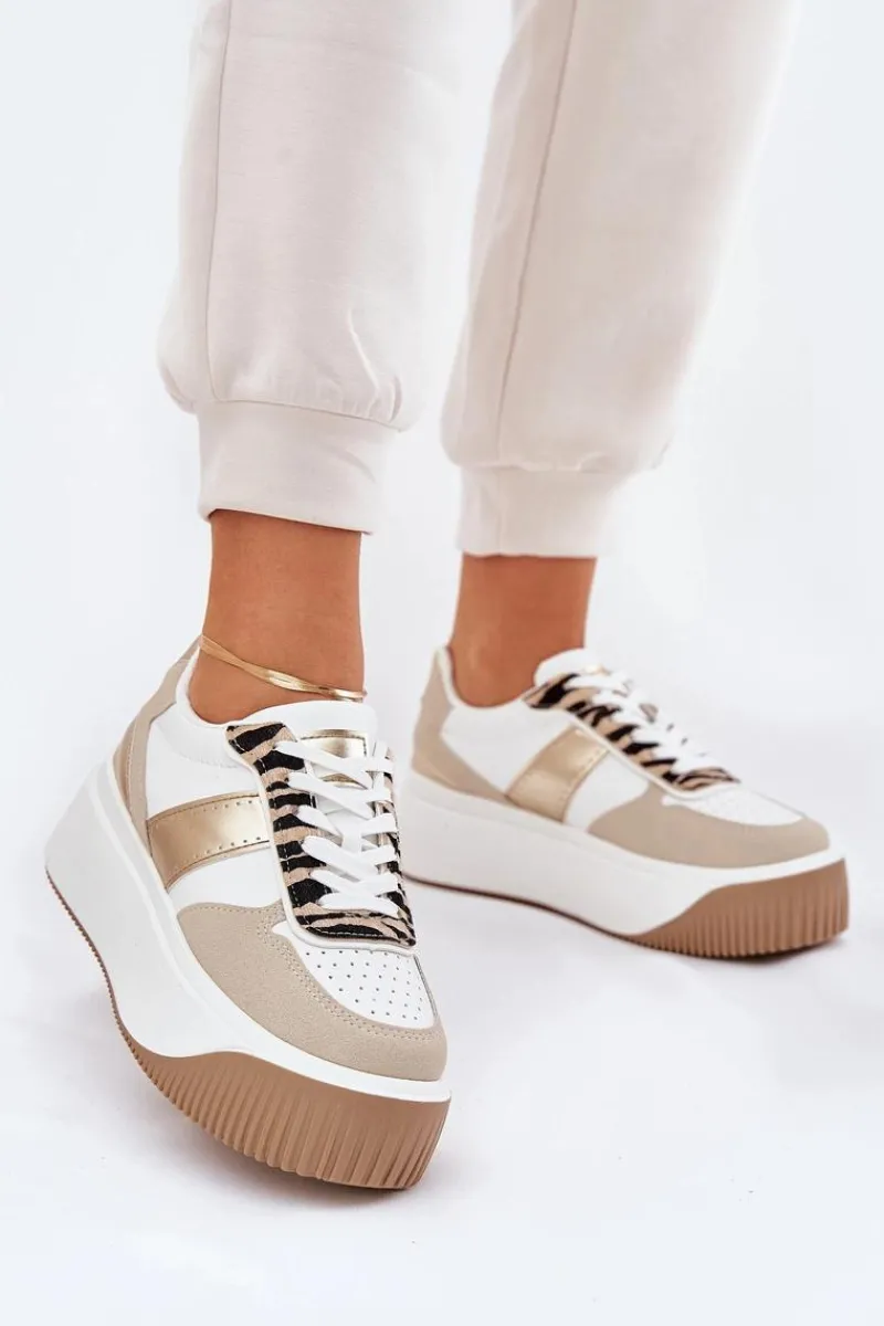 Buty Sportowe Na Platformie|Sneakersy Damskie>Boto Sneakersy Damskie Na Masywnej Platformie Zwierzęcy Wzór Beżowo-Złote Telanila