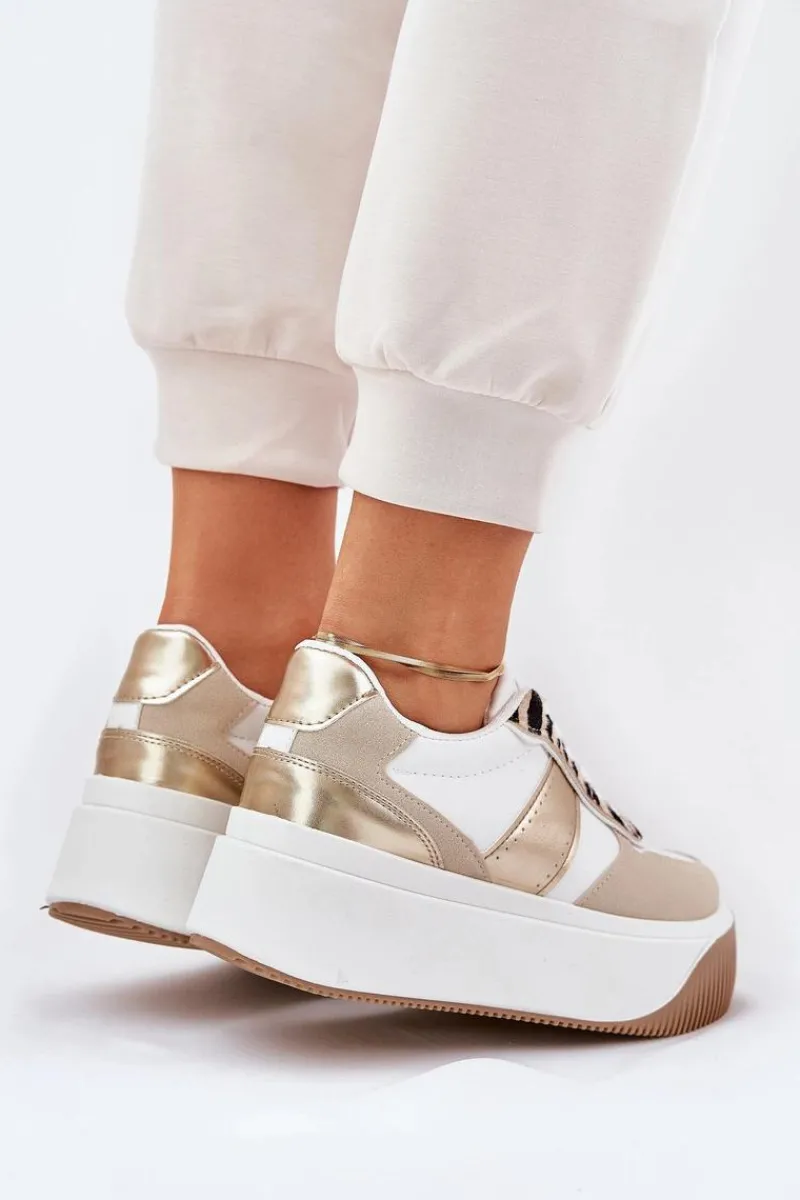 Buty Sportowe Na Platformie|Sneakersy Damskie>Boto Sneakersy Damskie Na Masywnej Platformie Zwierzęcy Wzór Beżowo-Złote Telanila