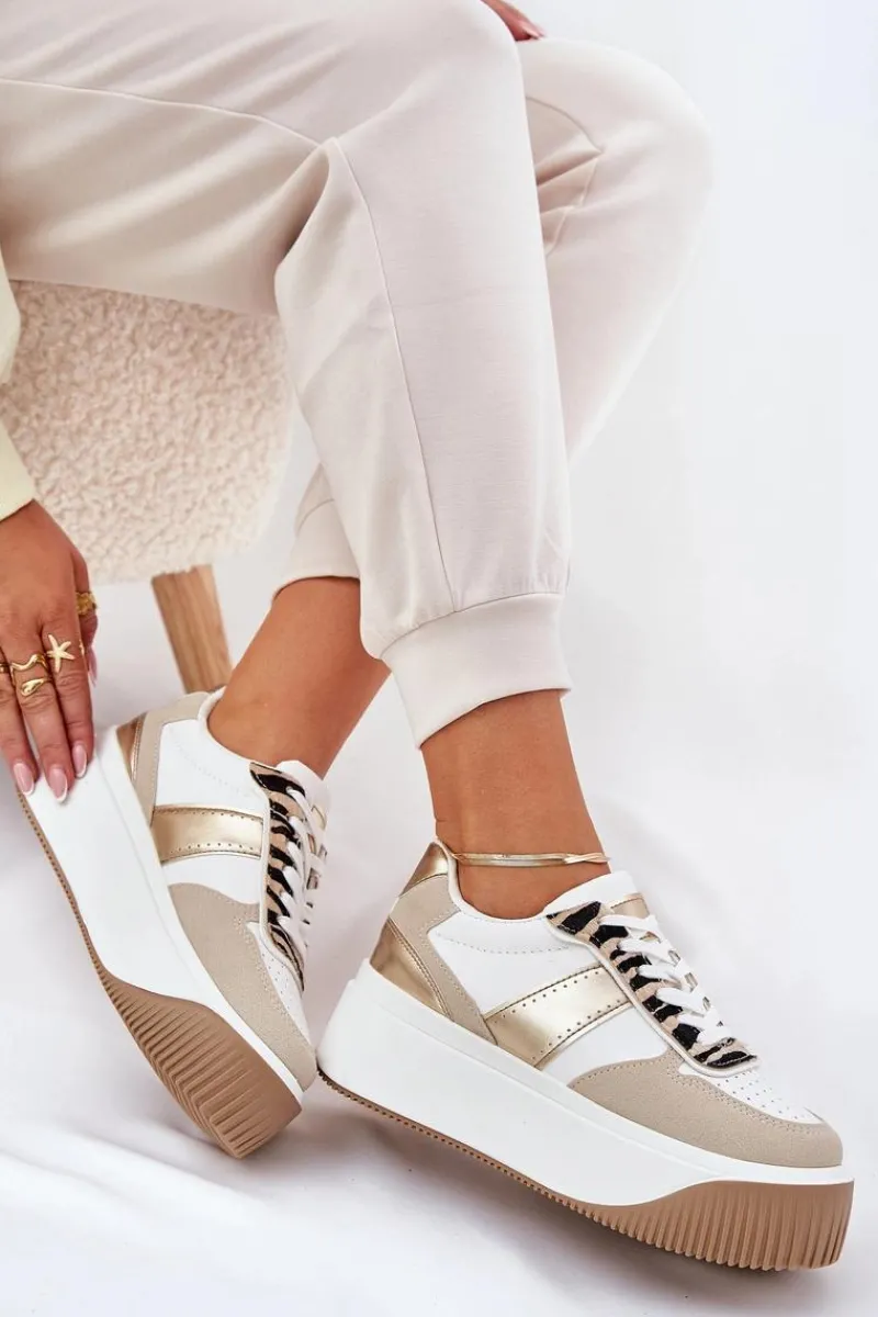 Buty Sportowe Na Platformie|Sneakersy Damskie>Boto Sneakersy Damskie Na Masywnej Platformie Zwierzęcy Wzór Beżowo-Złote Telanila