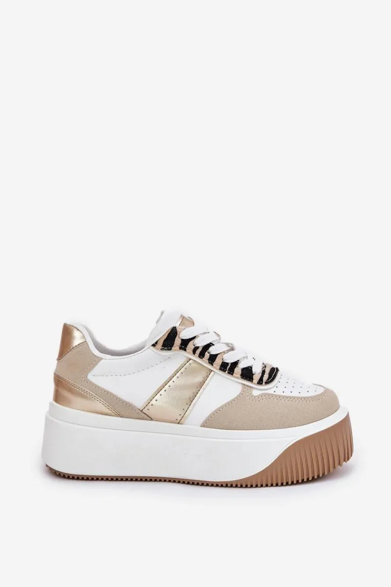 Buty Sportowe Na Platformie|Sneakersy Damskie>Boto Sneakersy Damskie Na Masywnej Platformie Zwierzęcy Wzór Beżowo-Złote Telanila