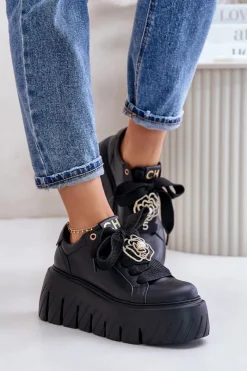 Buty Sportowe Na Platformie>CheBello Sneakersy Damskie Na Masywnej Podeszwie Ze Złotą Ozdobą 4530 Czarne