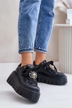 Buty Sportowe Na Platformie>CheBello Sneakersy Damskie Na Masywnej Podeszwie Ze Złotą Ozdobą 4530 Czarne