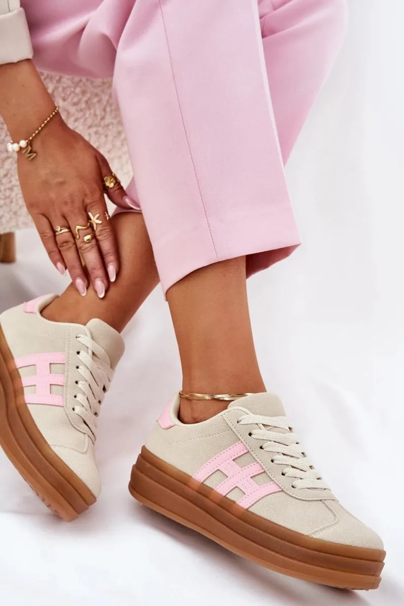 Sneakersy Damskie Na Platformie Beżowe Syliyana Damskie Sneakersy Damskie