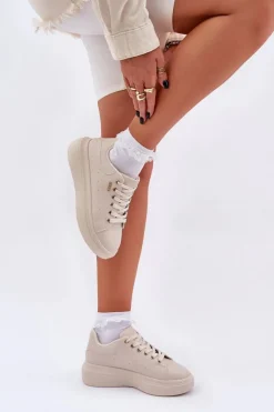 Outlet Boto Sneakersy Damskie Na Platformie Eko Skóra Jasnobeżowe Lelandine