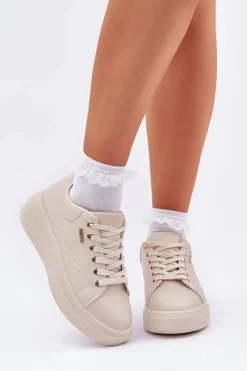 Outlet Boto Sneakersy Damskie Na Platformie Eko Skóra Jasnobeżowe Lelandine