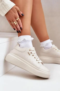 Outlet Boto Sneakersy Damskie Na Platformie Eko Skóra Jasnobeżowe Lelandine