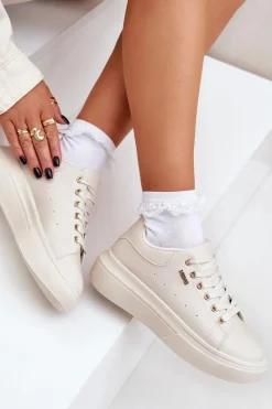 Outlet Boto Sneakersy Damskie Na Platformie Eko Skóra Jasnobeżowe Lelandine