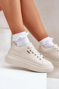 Outlet Boto Sneakersy Damskie Na Platformie Eko Skóra Jasnobeżowe Lelandine