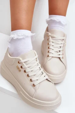 Outlet Boto Sneakersy Damskie Na Platformie Eko Skóra Jasnobeżowe Lelandine