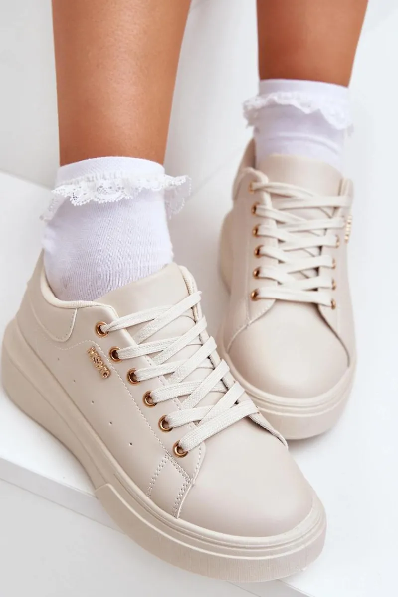 Outlet Boto Sneakersy Damskie Na Platformie Eko Skóra Jasnobeżowe Lelandine