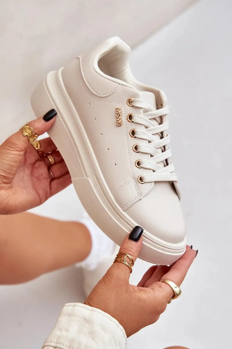 Outlet Boto Sneakersy Damskie Na Platformie Eko Skóra Jasnobeżowe Lelandine