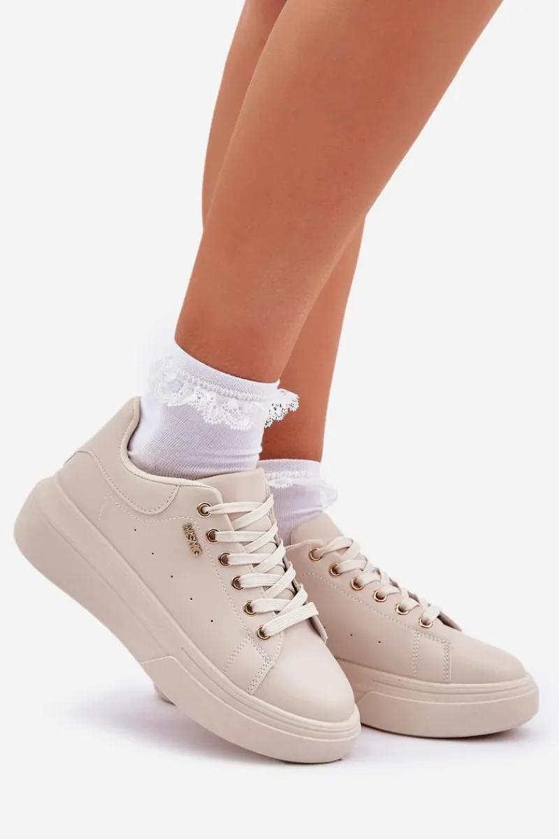 Outlet Boto Sneakersy Damskie Na Platformie Eko Skóra Jasnobeżowe Lelandine