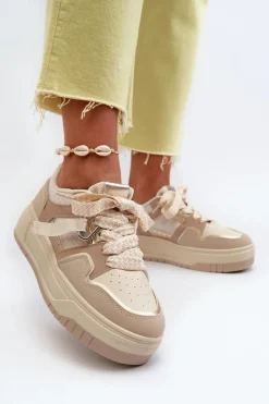 Best Boto Sneakersy Damskie Na Platformie Z Eko Skóry Beżowe Moun Beżowy