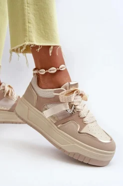 Best Boto Sneakersy Damskie Na Platformie Z Eko Skóry Beżowe Moun Beżowy