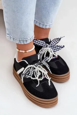 Discount Boto Sneakersy Damskie Na Platformie Z Ozdobami Czarne Vinness Czarny