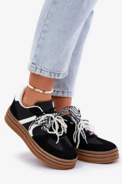 Discount Boto Sneakersy Damskie Na Platformie Z Ozdobami Czarne Vinness Czarny