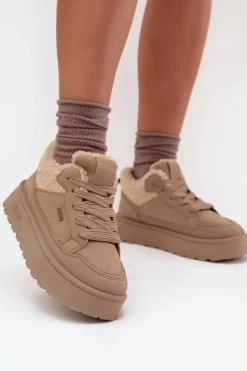 Discount Big Star Shoes Sneakersy Damskie Na Platformie Z Futerkiem Typu Baranek Big Star SS274105 Beżowe