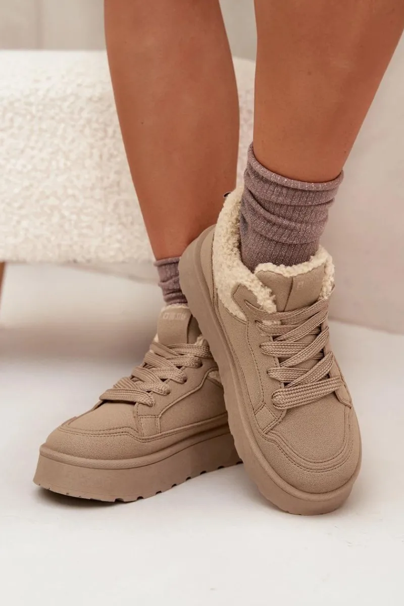 Discount Big Star Shoes Sneakersy Damskie Na Platformie Z Futerkiem Typu Baranek Big Star SS274105 Beżowe