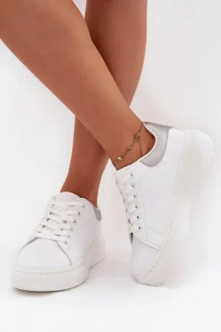 Sale Big Star Shoes Sneakersy Damskie Na Platformie Big Star SS274245 Biało-Srebrne Biały