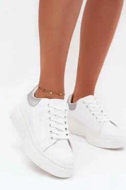 Sale Big Star Shoes Sneakersy Damskie Na Platformie Big Star SS274245 Biało-Srebrne Biały