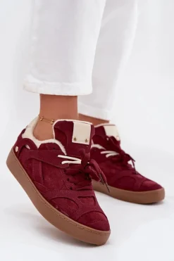 Sneakersy Damskie>Boto Sneakersy Damskie Na Platformie Ocieplane Futerkiem Bordowe Solvia Czerwony