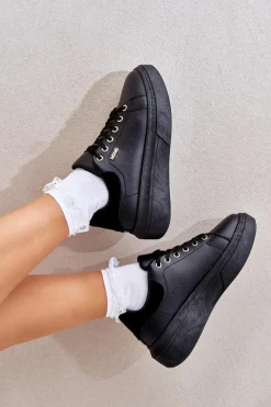 Buty Sportowe Na Platformie|Sneakersy Damskie></noscript>Boto Sneakersy Damskie Na Platformie Eko Skóra Czarne Lelandine