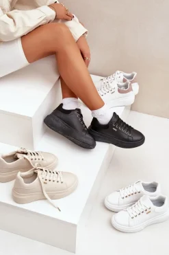 Buty Sportowe Na Platformie|Sneakersy Damskie></noscript>Boto Sneakersy Damskie Na Platformie Eko Skóra Czarne Lelandine