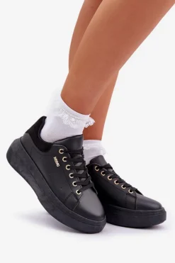 Buty Sportowe Na Platformie|Sneakersy Damskie></noscript>Boto Sneakersy Damskie Na Platformie Eko Skóra Czarne Lelandine