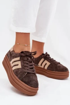 Sneakersy Damskie>Boto Sneakersy Damskie Na Platformie Z Naturalnego Zamszu Czekoladowe Eldira