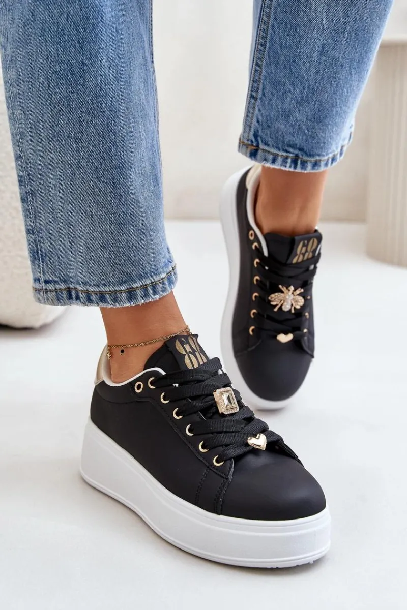 Sale Sneakersy Damskie Na Platformie Z Ozdobami Czarne Herbisa Damskie Buty Sportowe Na Platformie|Sneakersy Damskie