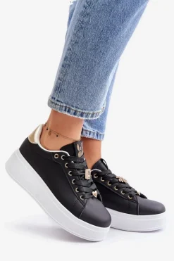 Sale Sneakersy Damskie Na Platformie Z Ozdobami Czarne Herbisa Damskie Buty Sportowe Na Platformie|Sneakersy Damskie