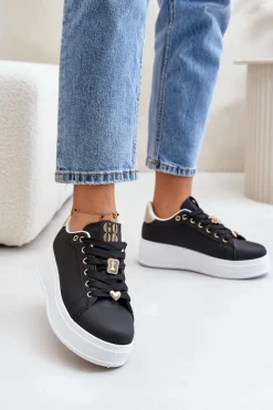 Sale Sneakersy Damskie Na Platformie Z Ozdobami Czarne Herbisa Damskie Buty Sportowe Na Platformie|Sneakersy Damskie