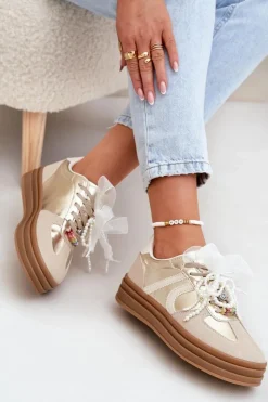 Sneakersy Damskie Na Platformie Z Ozdobami Beżowo-Złote Vinness Damskie Buty Sportowe Na Platformie|Sneakersy Damskie