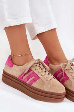 Outlet Sneakersy Damskie Na Platformie Z Naturalnego Zamszu Beżowo-Różowe Eldira Damskie Sneakersy Damskie