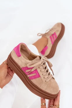 Outlet Sneakersy Damskie Na Platformie Z Naturalnego Zamszu Beżowo-Różowe Eldira Damskie Sneakersy Damskie