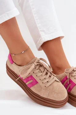Outlet Sneakersy Damskie Na Platformie Z Naturalnego Zamszu Beżowo-Różowe Eldira Damskie Sneakersy Damskie