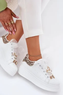 Clearance Sneakersy Damskie Na Platformie Z Przypinkami Białe Panterka Ocerdia Damskie Buty Sportowe Na Platformie|Sneakersy Damskie