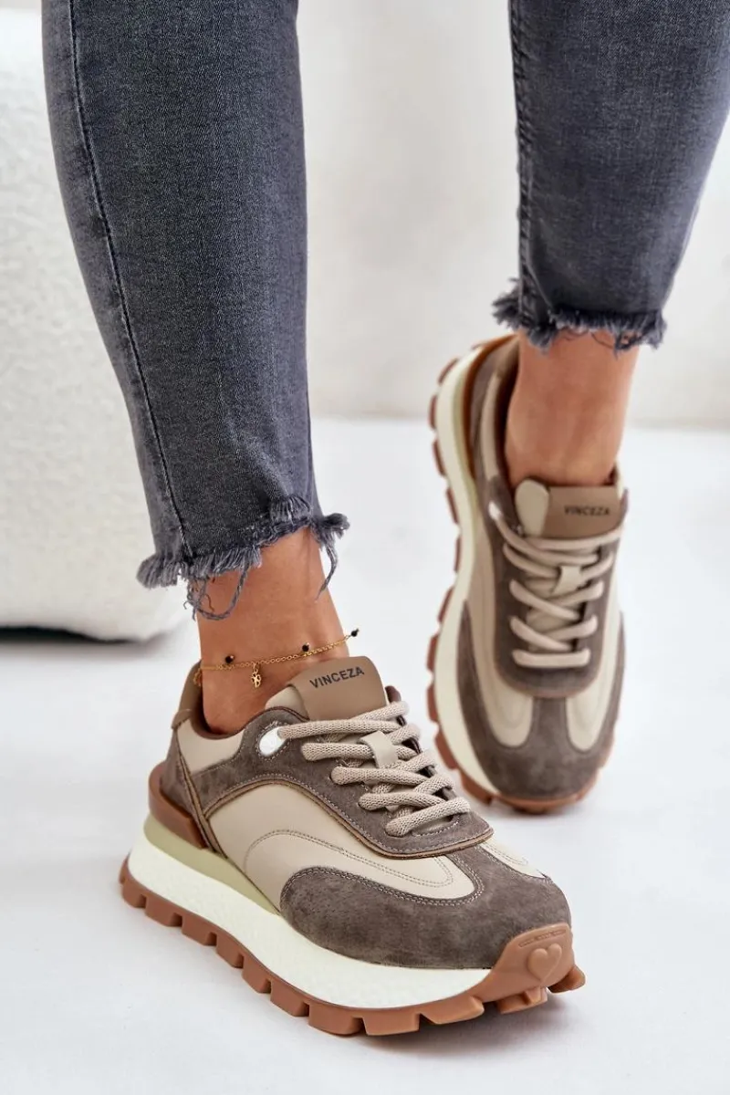 New Buty damskie Vinceza Sneakersy Damskie Na Platformie Ze Skóry Naturalnej Vinceza 41465 Beżowe
